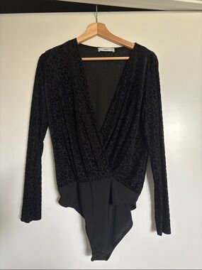 Mango Black Velvet Leopard-Pattern Wrap Bodysuit